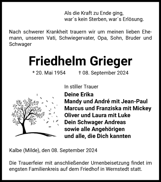 Traueranzeige von Friedhelm Grieger von UEL