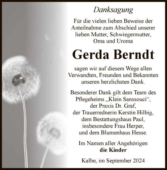 Traueranzeige von Gerda Berndt von UEL