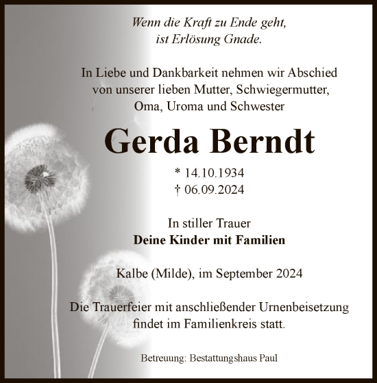 Traueranzeige von Gerda Berndt von UEL