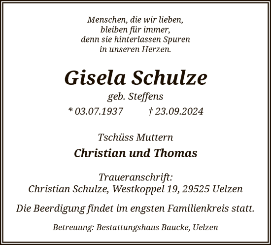 Traueranzeige von Gisela Schulze von UEL