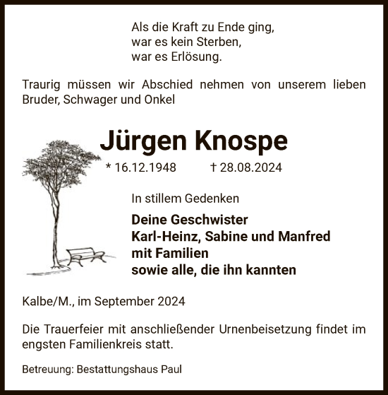 Traueranzeige von Jürgen Knospe von UEL