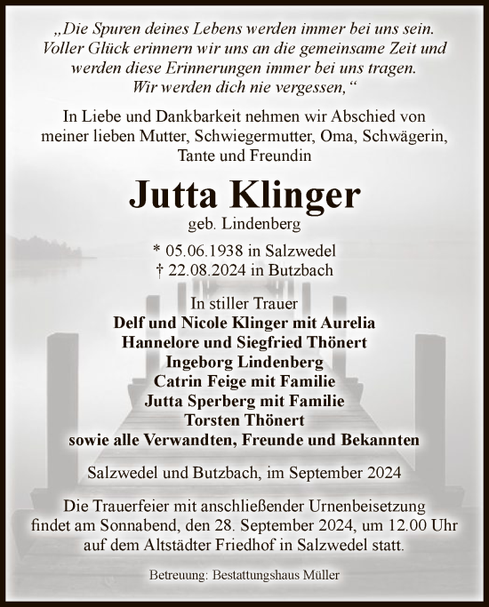 Traueranzeige von Jutta Klinger von UEL