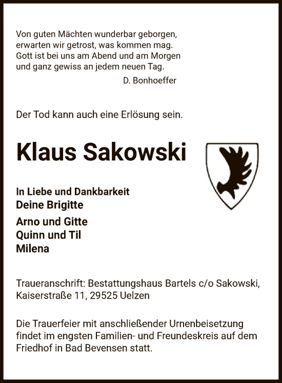 Traueranzeige von Klaus Sakowski von UEL