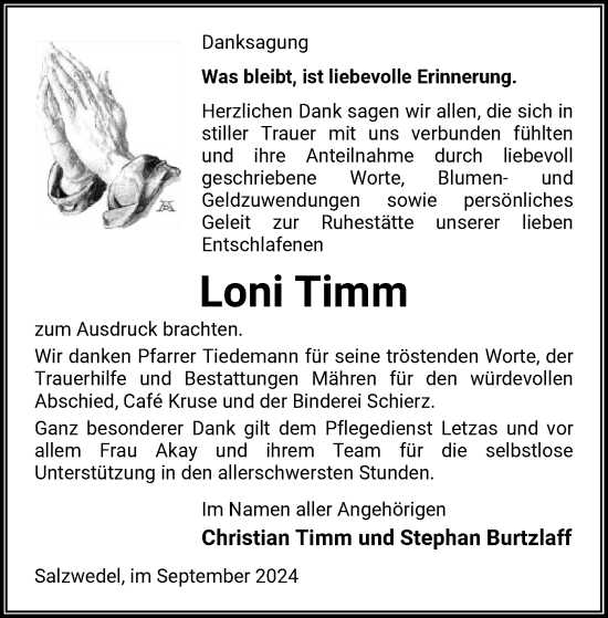 Traueranzeige von Loni Timm von UEL