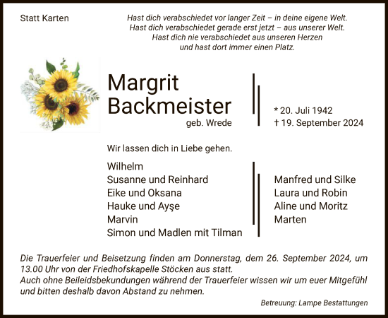 Traueranzeige von Margrit Backmeister von UEL