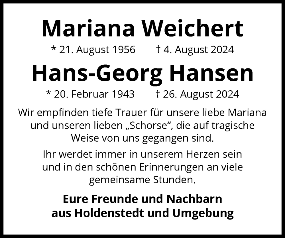  Traueranzeige für Mariana und Hans-Georg Weichert, Hansen vom 07.09.2024 aus UEL