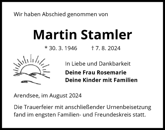 Traueranzeige von Martin Stamler von UEL