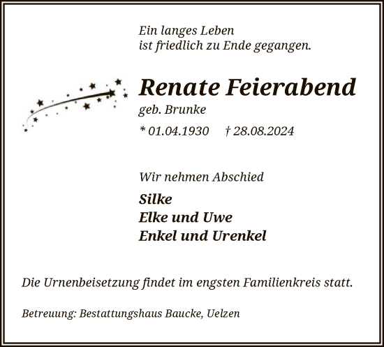Traueranzeige von Renate Feierabend von UEL