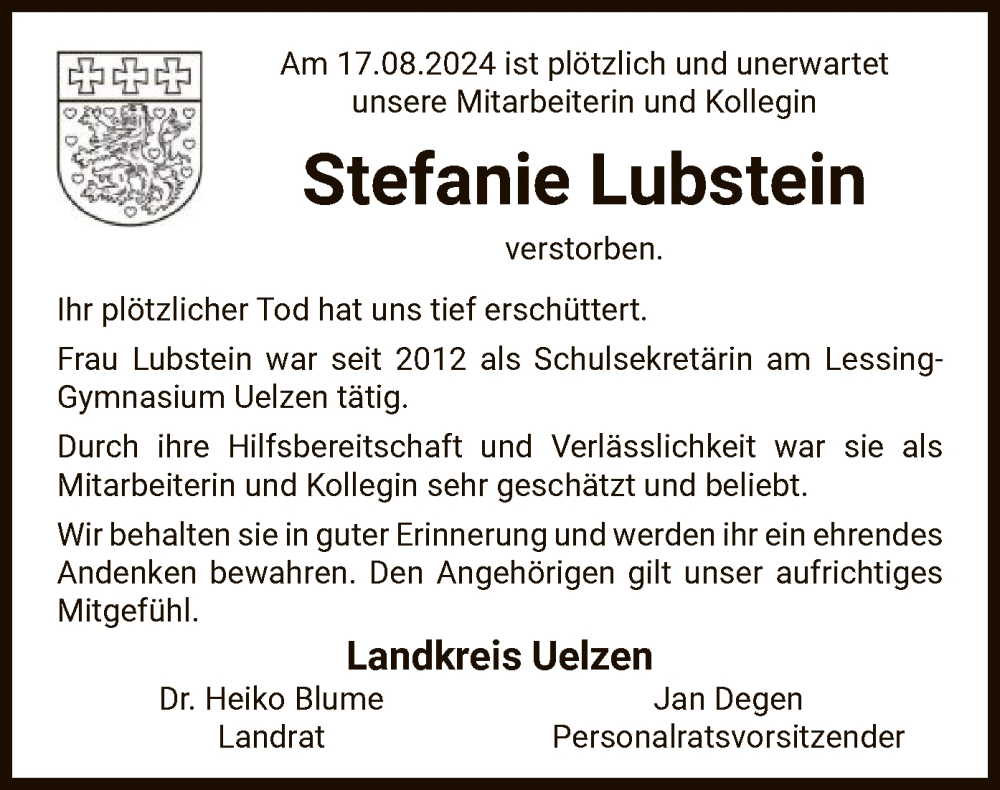  Traueranzeige für Stefanie Lubstein vom 07.09.2024 aus UEL