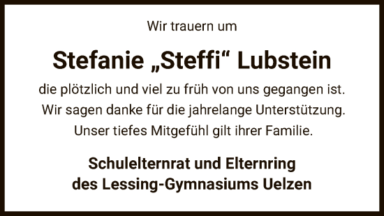 Traueranzeige von Stefanie Lubstein von UEL