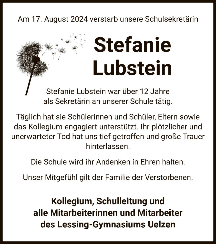  Traueranzeige für Stefanie Lubstein vom 07.09.2024 aus UEL