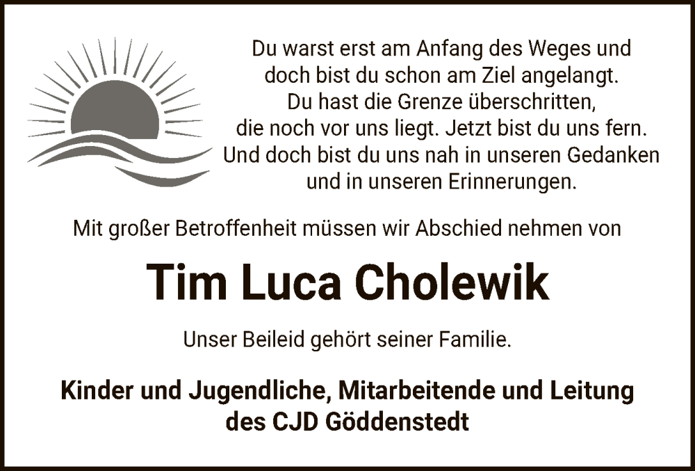  Traueranzeige für Tim Luca Cholewik vom 14.09.2024 aus UEL