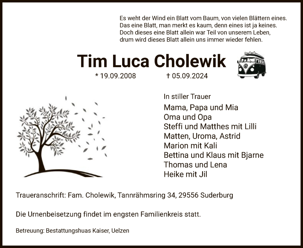  Traueranzeige für Tim Luca Cholewik vom 14.09.2024 aus UEL