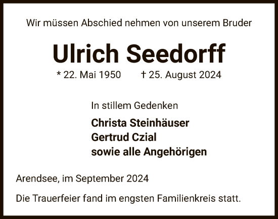 Traueranzeige von Ulrich Seedorff von UEL