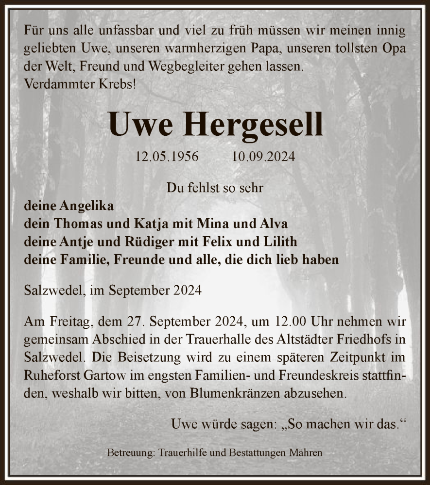  Traueranzeige für Uwe Hergesell vom 17.09.2024 aus UEL