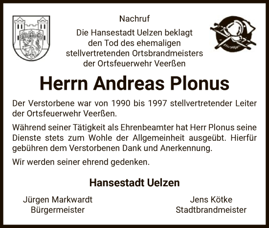 Traueranzeige von Andreas Plonus von UEL