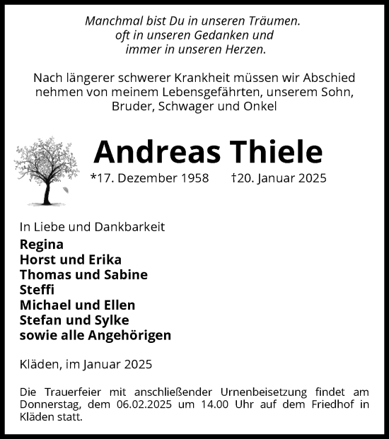 Traueranzeige von Andreas Thiele von UEL