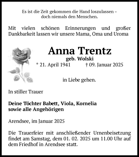 Traueranzeige von Anna Trentz von UEL