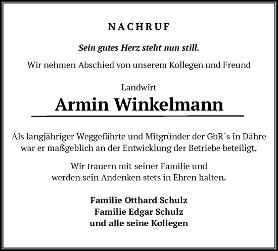 Traueranzeige von Armin Winkelmann von UEL