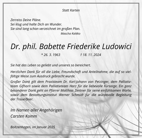 Traueranzeige von Babette Friederike Ludowici von UEL