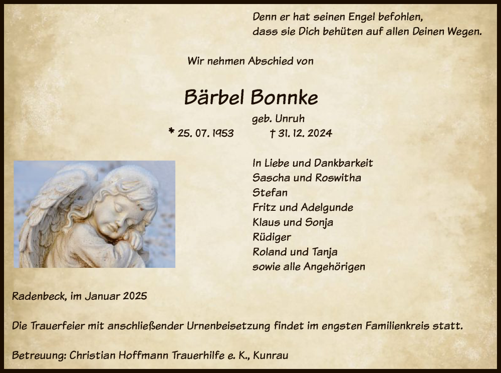  Traueranzeige für Bärbel Bonnke vom 04.01.2025 aus UEL