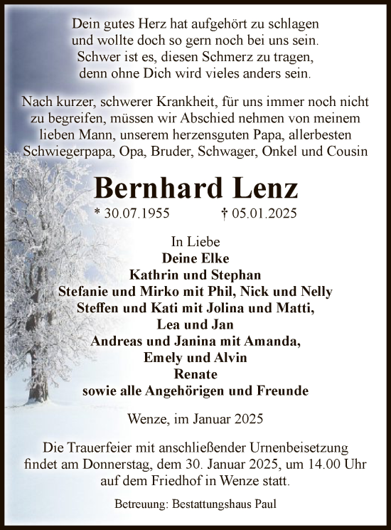Traueranzeige von Bernhard Lenz von UEL