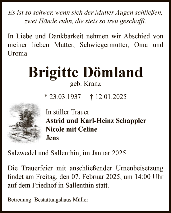 Traueranzeige von Brigitte Dömland von UEL
