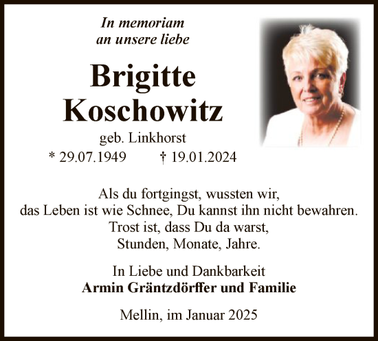 Traueranzeige von Brigitte Koschowitz von UEL