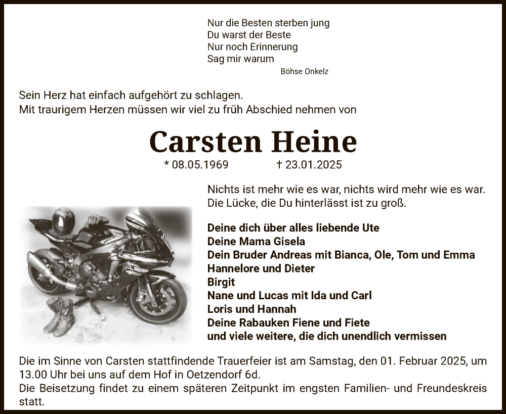  Traueranzeige für Carsten Heine vom 28.01.2025 aus UEL