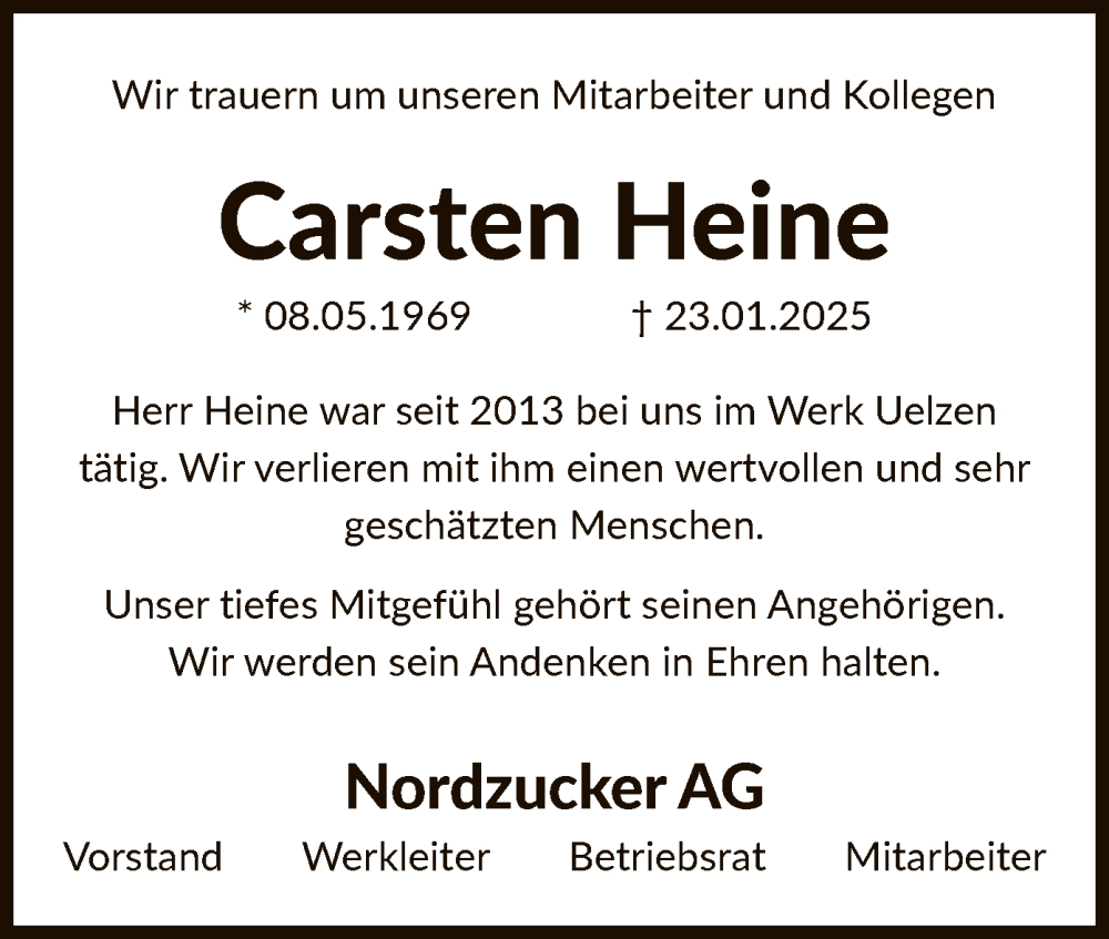  Traueranzeige für Carsten Heine vom 29.01.2025 aus UEL