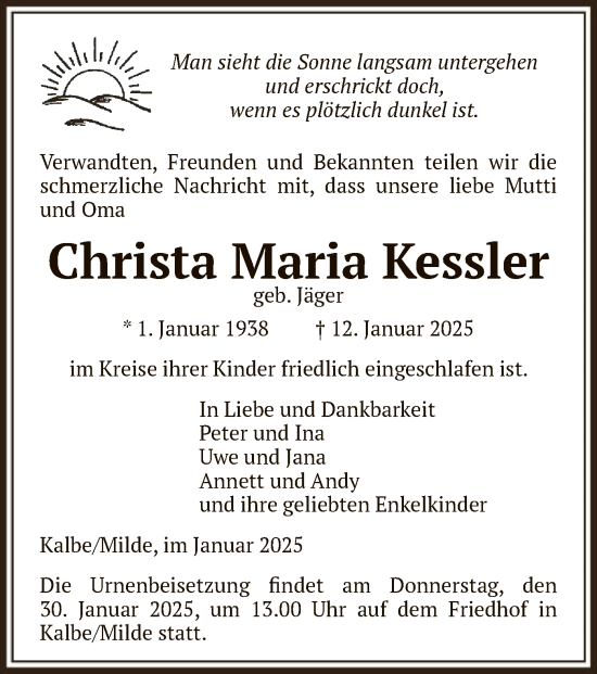 Traueranzeige von Christa Maria Kessler von UEL