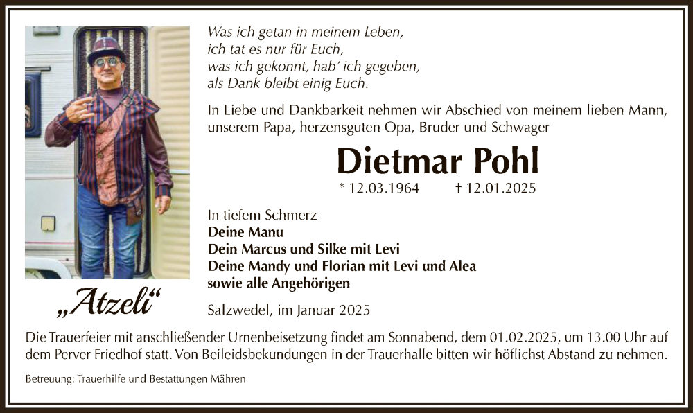  Traueranzeige für Dietmar Pohl vom 16.01.2025 aus UEL