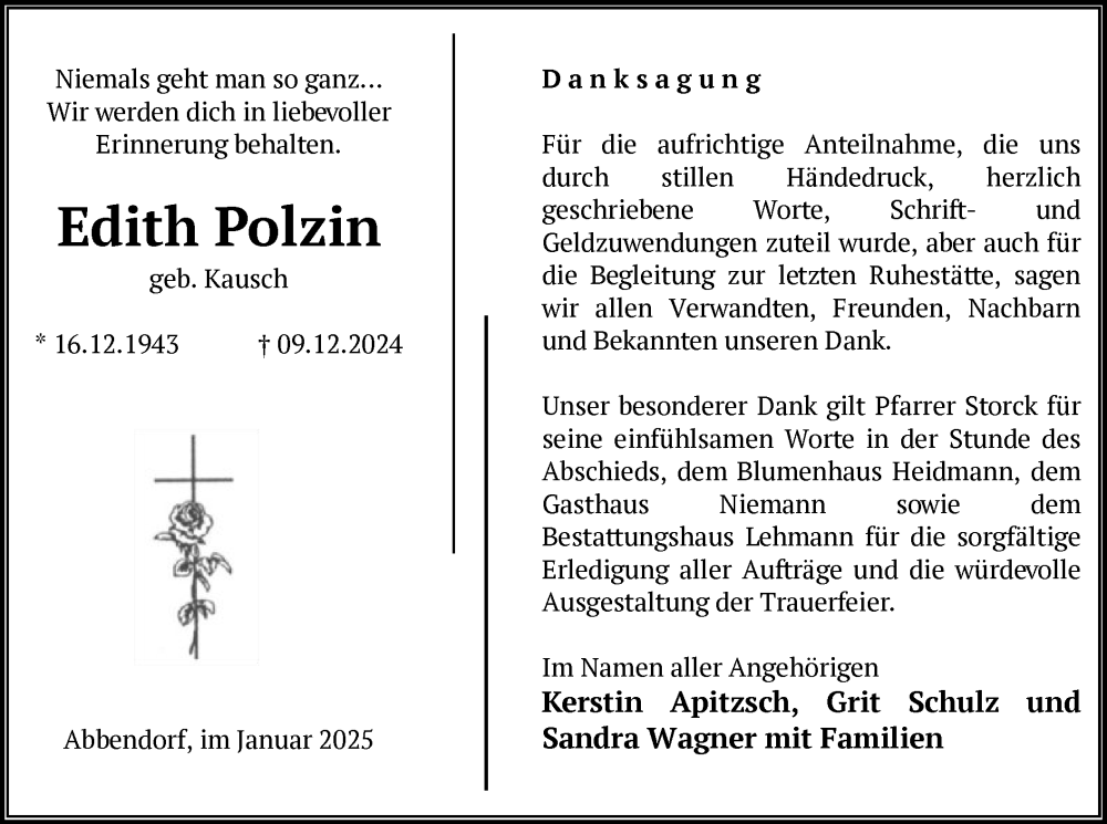  Traueranzeige für Edith Polzin vom 11.01.2025 aus UEL