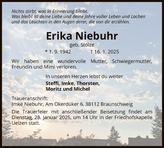 Traueranzeige von Erika Niebuhr von UEL