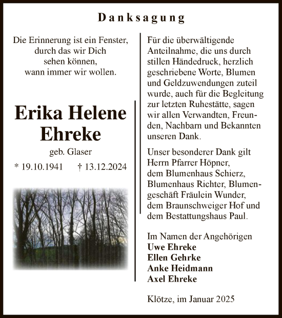 Traueranzeige von Erika Helene Ehreke von UEL
