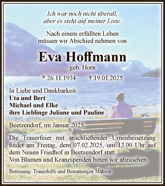 Traueranzeige von Eva Hoffmann von UEL