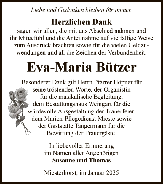 Traueranzeige von Eva-Maria Bützer von UEL
