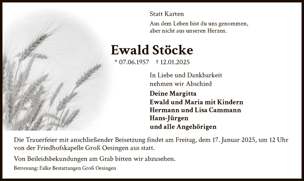 Traueranzeige für Ewald Stöcke vom 15.01.2025 aus UEL