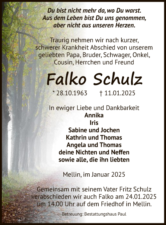 Traueranzeige von Falko Schulz von UEL