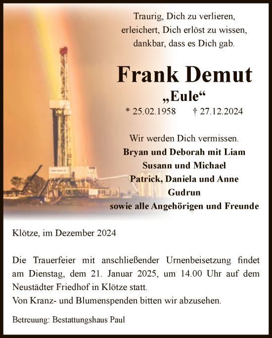 Traueranzeige von Frank Demut von UEL