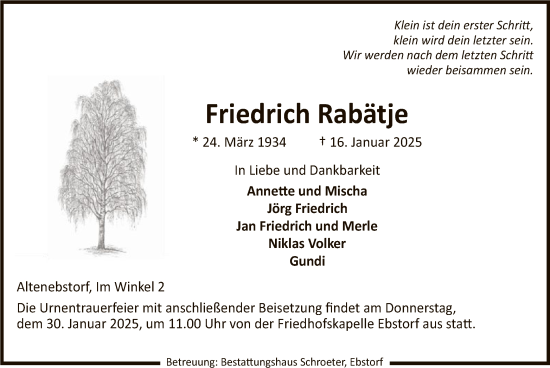 Traueranzeige von Friedrich Rabätje von UEL