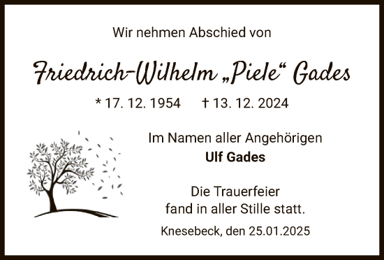 Traueranzeige von Friedrich-Wilhelm Gades von UEL