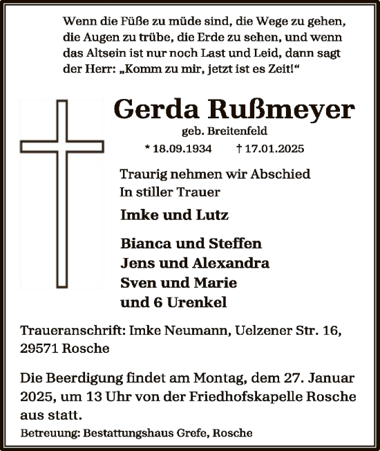 Traueranzeige von Gerda Rußmeyer von UEL