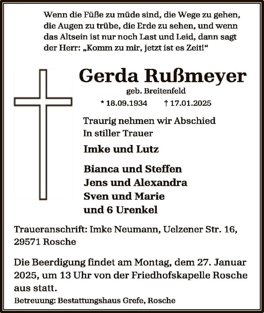  Traueranzeige für Gerda Rußmeyer vom 22.01.2025 aus UEL