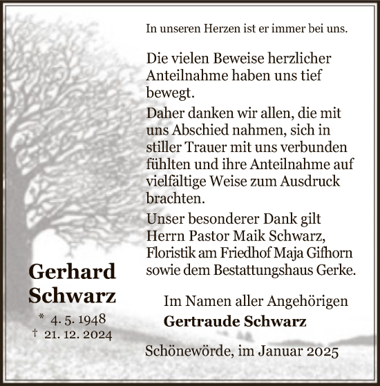 Traueranzeige von Gerhard Schwarz von UEL