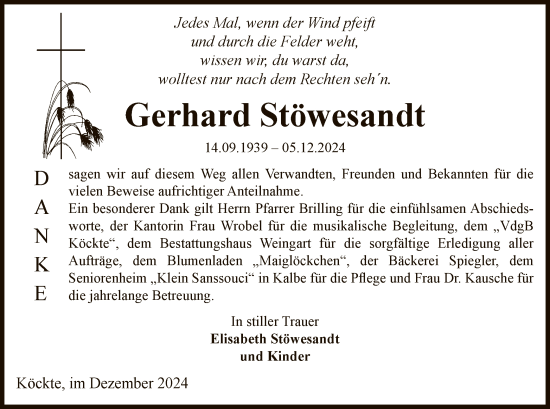 Traueranzeige von Gerhard Stöwesandt von UEL