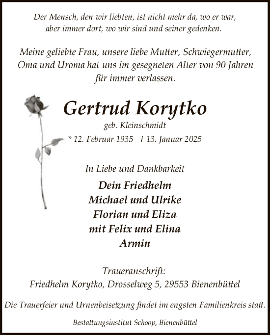 Traueranzeige von Gertrud Korytko von UEL