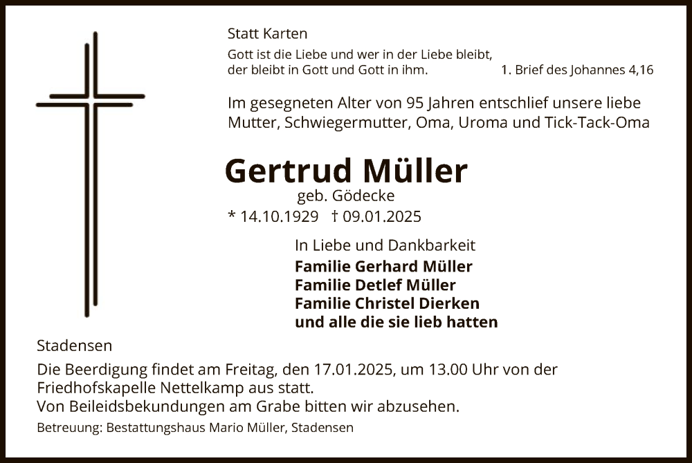  Traueranzeige für Gertrud Müller vom 14.01.2025 aus UEL