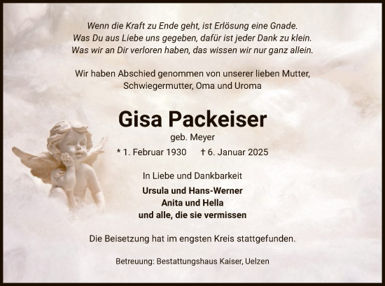 Traueranzeige von Gisa Packeiser von UEL