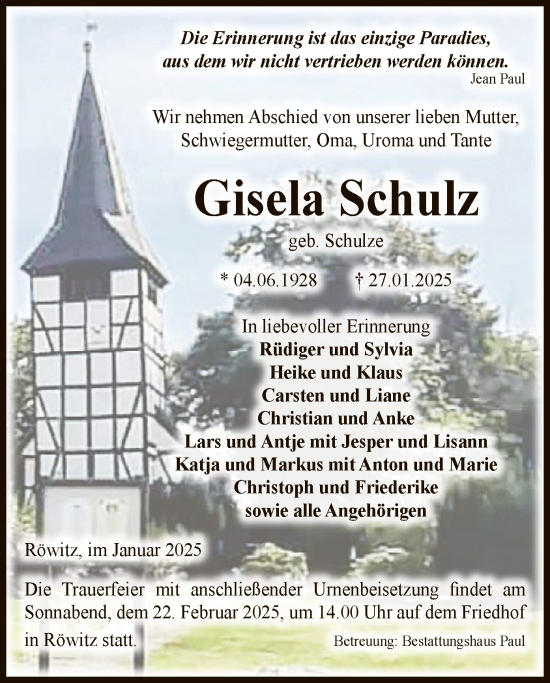 Traueranzeige von Gisela Schulz von UEL